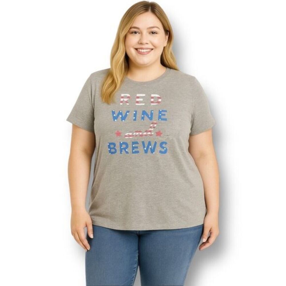Torrid 2X Gray Slim Fit Graphic‎ Tee Red Wine & Brews Patriotic USA T-Shirt